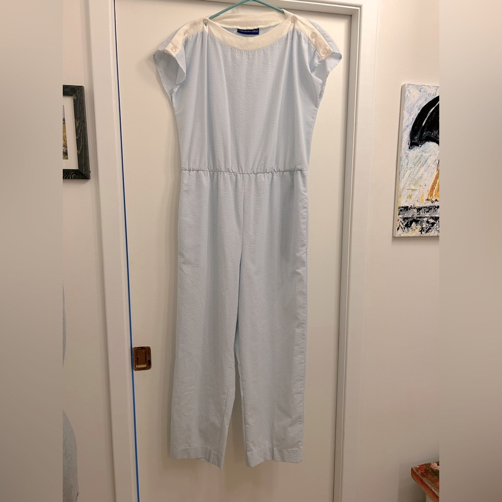 Vintage late 1970’s-early 80’s light blue seersucker play suit/jumpsuit